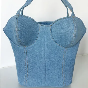 

Women Handbags Bra Cap Retro Denim Corset Bag Personality Casual Tote Ladies Hand Bag Girls Daypack Large Capacity Blue Rucksack