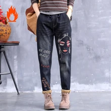 Женские джинсовые штаны, джинсы, брюки с вышивкой, большие, свободные, Ретро стиль, модные, повседневные, флисовые, толстые, для осени и зимы, AZ29202720