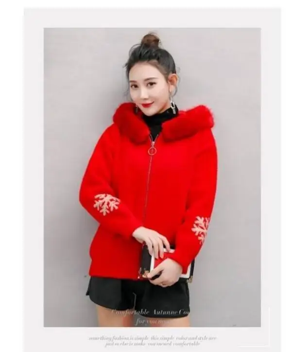Autumn Winter Women Elegant Loose Hooded Faux Mink Fur Knit Cardigan Sweater Female Casual Embroidered knitted Jacket X106