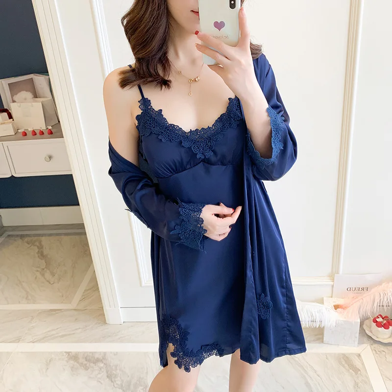 Sexy Women Robe Gown Sets Female Lingerie Sleep Lounge Ladies Nightwear Pijama Bathrobe+Nightdress With Chest Pads | Женская одежда