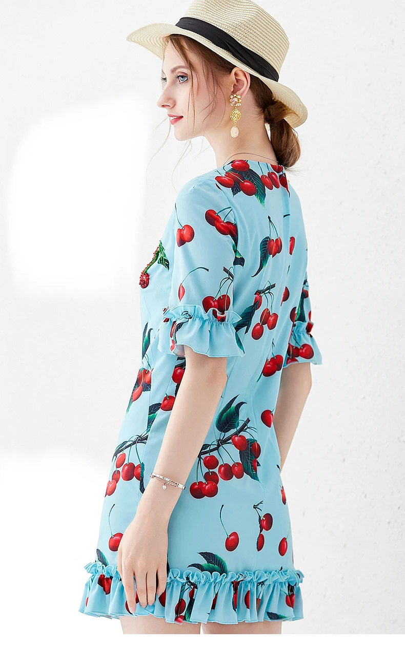 MIUXIMAO Top Quality Ruway DesignFall Dress Newest Casual Dresses Women Cherryprint Ruffles Half Sleeve Dress Women