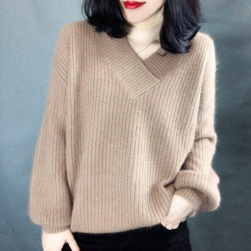 Женские однотонные свободные пуловеры с V-образным вырезом женский свитер кахаки