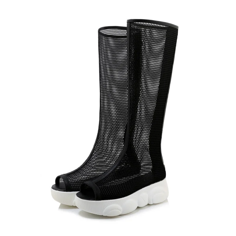 Spring New Women High Boots Air Mesh Knee-high Back Zipper Peep Toe Flat With Platforms Martin 's Summer Shoes | Обувь