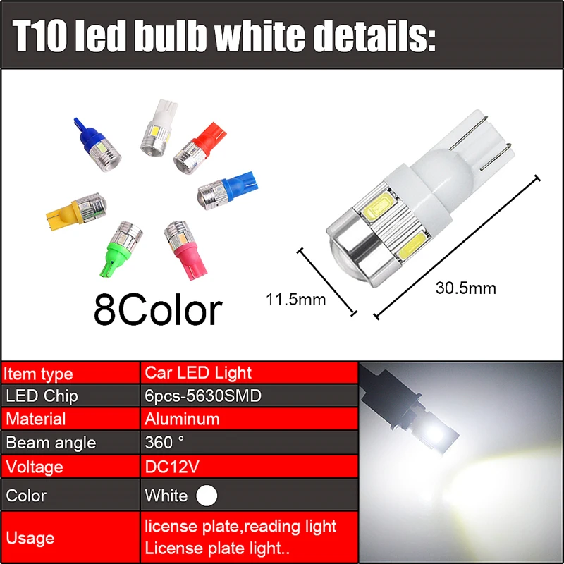 100 шт. T10 светодиодный W5W автомобильный светильник 6 5630 luces светодиодный s para Авто просвет внутренней стороны светильник AC/DC 12V 168 194