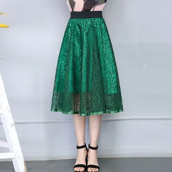 

Spring Summer Lace Flare Long Skirts Elastic Waist Circle Floral Crochet Lace A-line High Low Long Skater Skirts