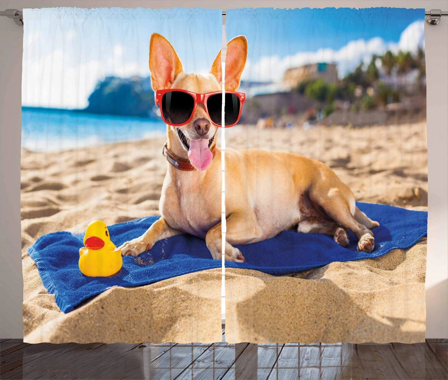 面白いカーテンチワワ犬海海岸日光浴笑顔沿岸チャーム印刷リビングルームの寝室の窓ドレープ砂 カーテン Aliexpress