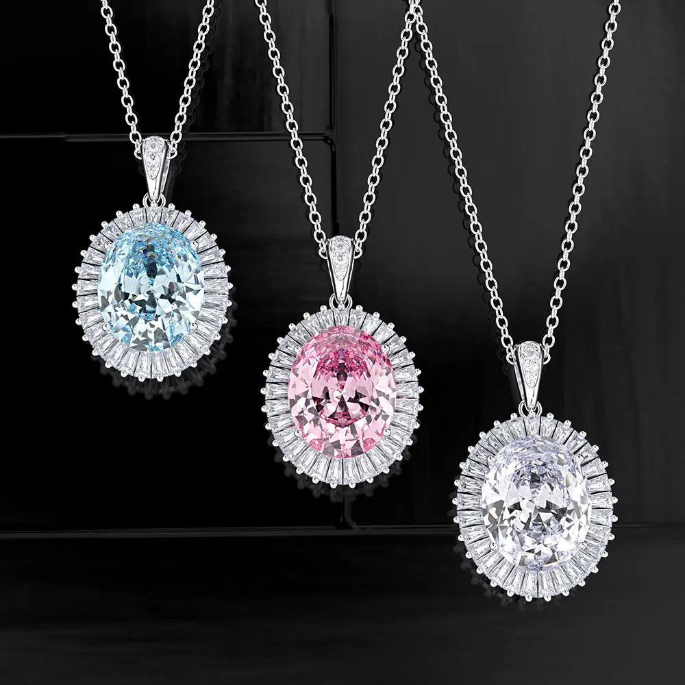 

Luxury Ladies Oval Rainbow Stone Necklace Fashion Silver Color Wedding Zircon Necklace Classic Party Pendant Necklaces For Women