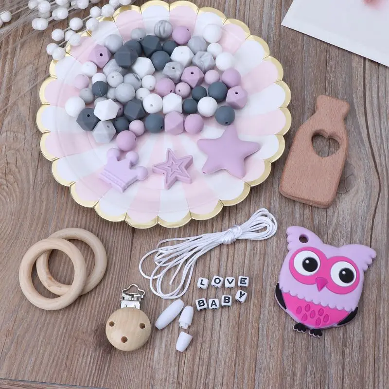 DIY Детский прорезыватель, игрушка для кормления, ожерелье, силиконовый браслет, силиконовые бусы для прорезывания зубов, кольцо, деревянная соска, зажим