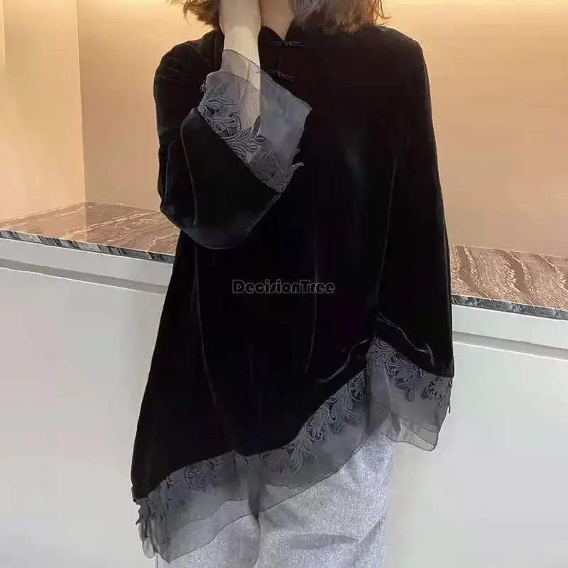 new chinese style traditional top black golden velvet improved cheongsam top lace design women graceful qipao collar blouse