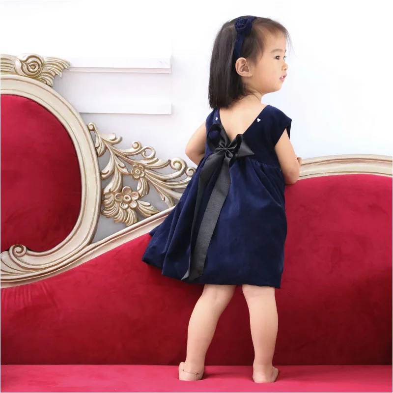 

Tk13248go Girls Deep-V Empire High-waisted Large Bow Purplish Blue Velvet Fully Clip Dress
