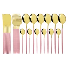 Cutlery-Set Forks Spoons Knives Stainless-Steel Gold Kitchen Dinner Pink 24pcs Coffee