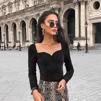 

BONJEAN Sexy Bodysuit Women Autumn Fashion Long Sleeve V Neck Solid Bodycon Skinny Open Crotch Basic Winter Female Body Top