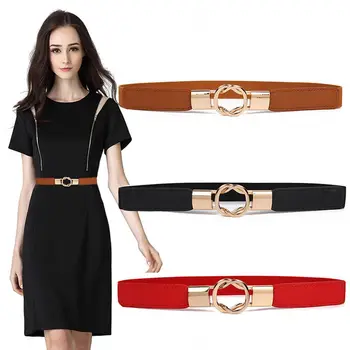 

Practical Alloy Buckle Thin Artificial Leather Fashion Daily For Dress Women Waist Belt Stretch Elastic Skinny Waistband