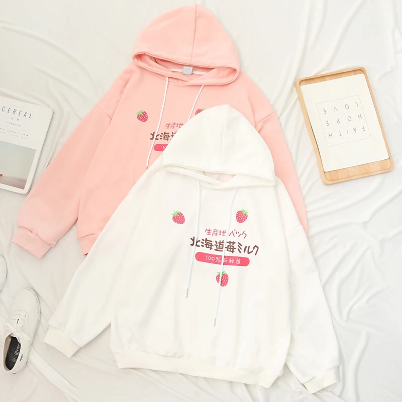  Fall Winter Hoodies Women Kawaii Japanese Strawberry Milk Letter Print Harajuku Sweatshirt Girls Lo