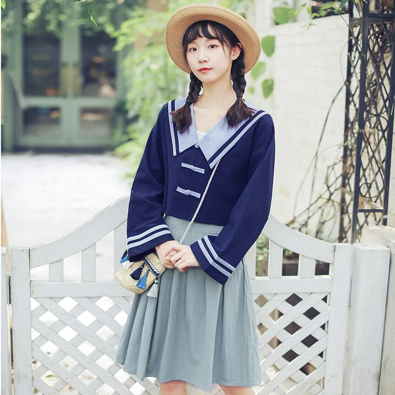 Tops - short skirt Японская школьная форма, аниме, милый костюм моряка, топ+ юбка, JK, Морской стиль, одежда для студентов, для девочек, с длинным рукавом - Цвет: Tops - short skirt
