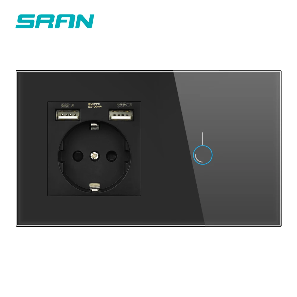 1gang black SRAN Сенсорный выключатель с розеткой с USB-панелью из хрусталя 146* 86 220 В 16A EU enchufe 2,1 А 5 В USB-телефон электрическая розетка с выключателем 1/2/3-канальная розетка Россия - Цвет: 1gang black