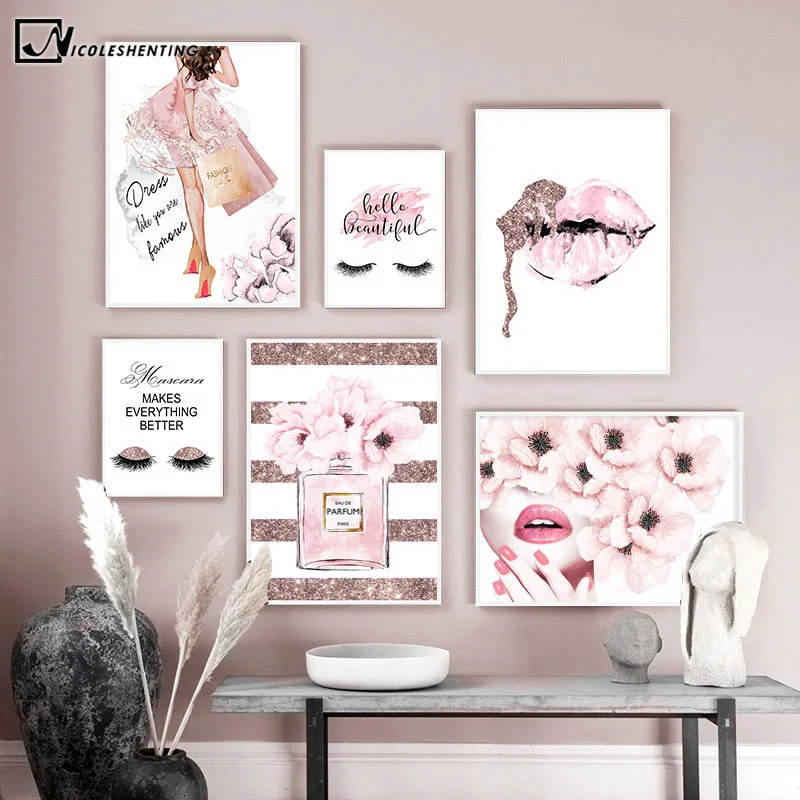 Tanio Różowy kwiat perfumy modny plakat rzęsy makijaż ust wydruk sklep