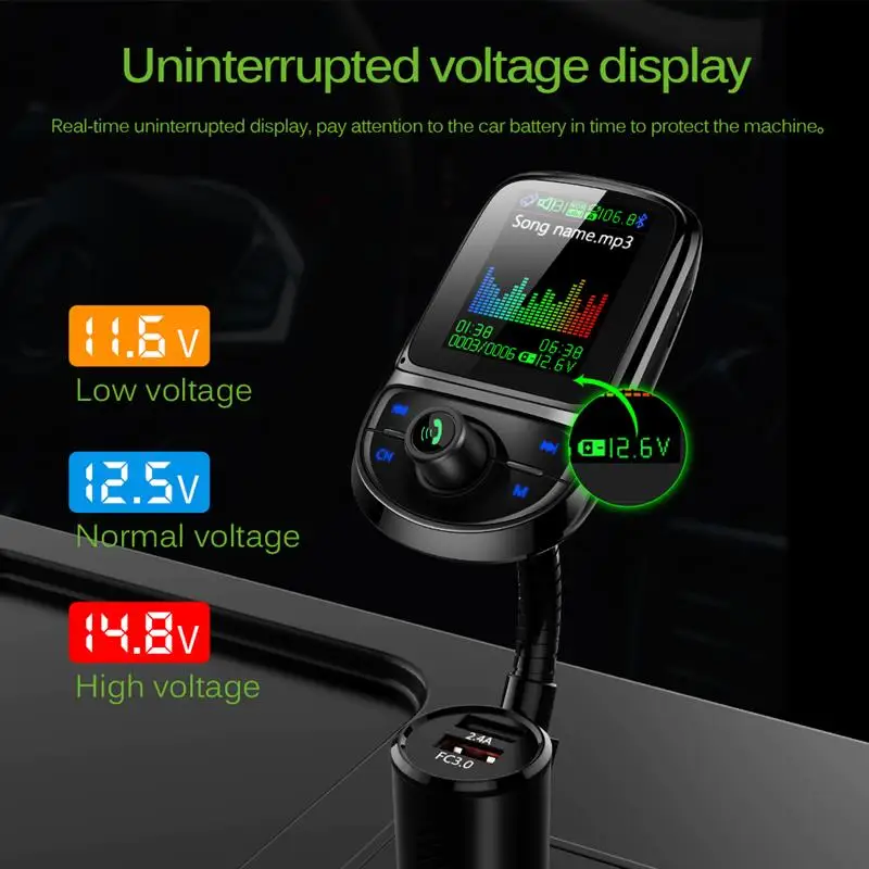 Цветной экран Автомобильный fm-передатчик Поддержка USB TF карта Bluetooth 5,0 AUX Быстрая зарядка Hands Free MP3-плеер
