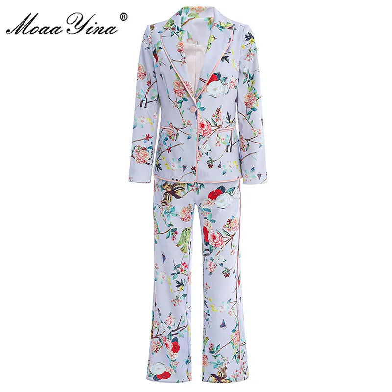

MoaaYina Fashion Designer Suit Spring Autumn Women Long sleeve Suit Tops+trousers Floral-Print Two-piece set