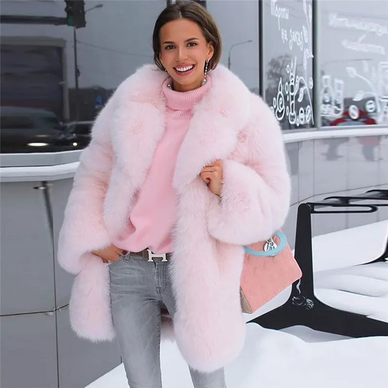 Pink Модная женская длинная розовая шуба из натурального Лисьего меха с большим воротником с лацканами, Зимняя Толстая теплая куртка из меха голубой лисы для женщин, роскошная верхняя одежда - Цвет: Pink