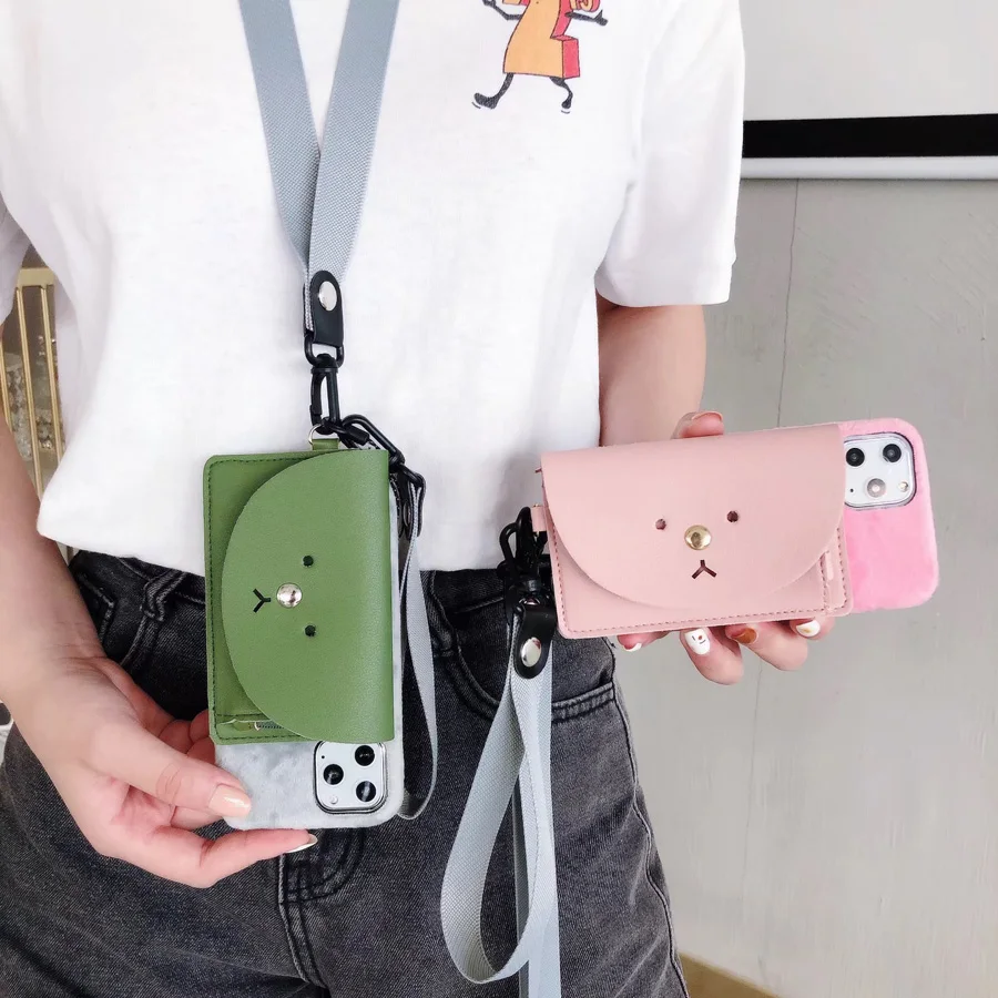 Мультяшный медведь ремешок для кошелька чехол для iPhone 11 Pro Xs Max X Xr 6 6s 7 8 Plus конфетный Кошелек для монет шейный шнур плюшевый пух чехол