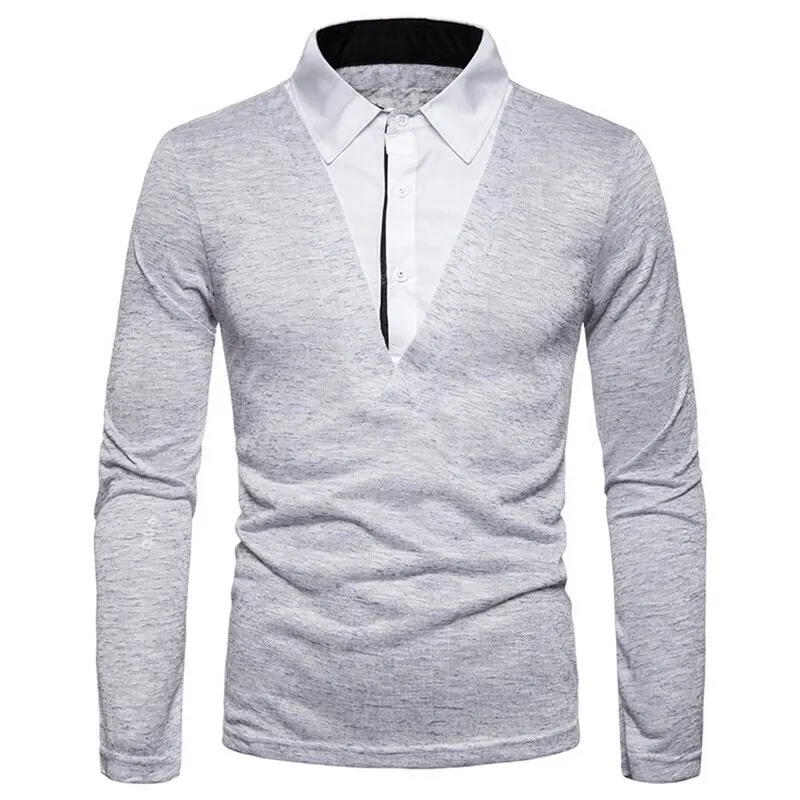 Light Gray Мужская простая блуза с длинным рукавом, имитация двух частей, рубашка, воротник, топы, новая мода, имитация двух частей, лацканы, мужские теннисные рубашки - Цвет: Light Gray