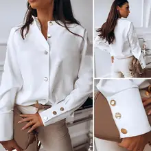 

Women Autumn Fashion Loose Stand Collar Long Sleeve Single-breasted Buttons Cuff Formal Business Shirt Blouse