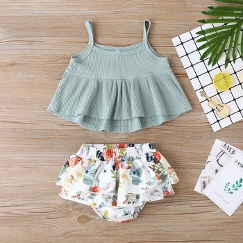 

Infant Baby Girls Ruffles Solid Suspender Vest Tops+Floral Shorts Outfits Set newborn baby girl clothes одежда для новорожденных
