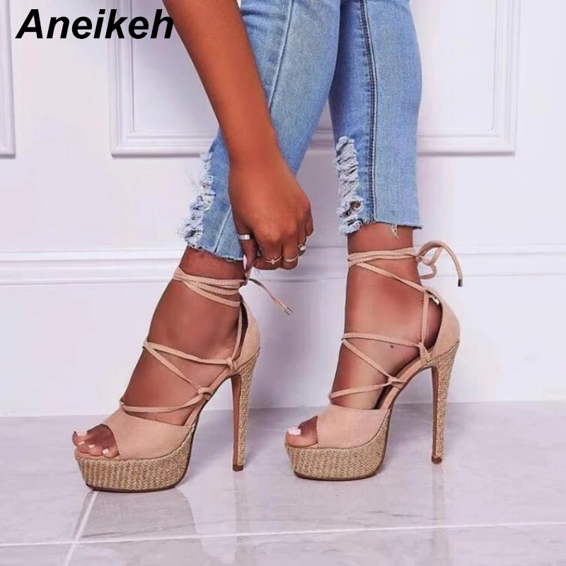 

Aneikeh Leisure Flock Women Sandals Ankle Strap Pumps Thin High Heel Peep Toe Lace-Up Dress Party Shoes Black Apricot Size 34-40