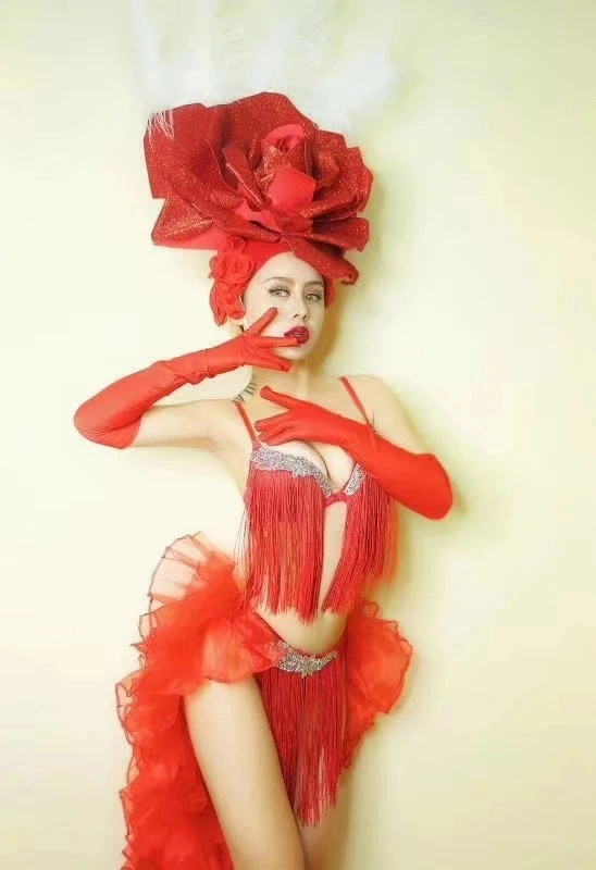 Club Rose dancer costume Sexy Female Stage Wear Red Flower Headgear Crystal Tassel Bikini Tail Dance Outfit