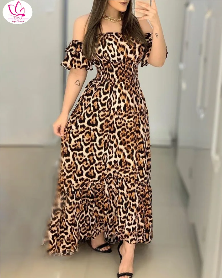 Женское платье макси с открытыми плечами и принтом в виде гепарда | Женская
