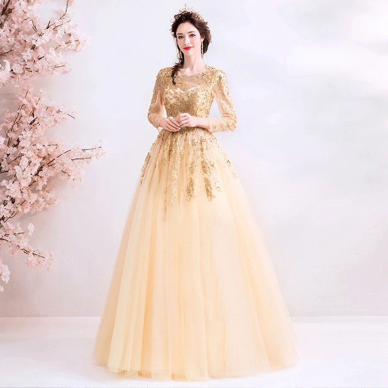Золотое Платье трапециевидной формы с длинными рукавами для выпускного вечера элегантное платье с аппликацией из бисера и блестками vestidos de gala длинное вечернее платье