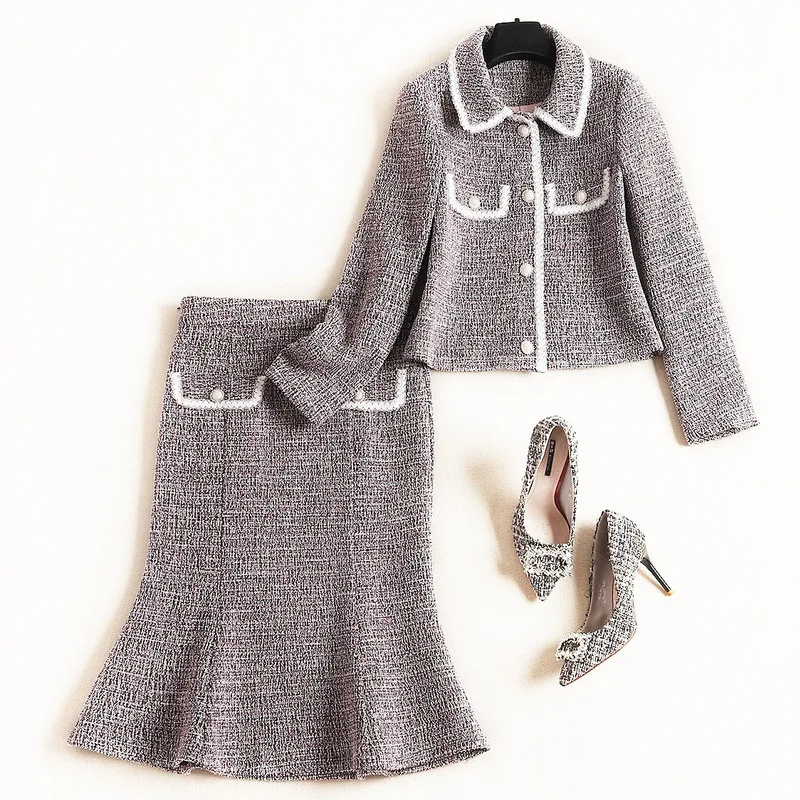 

2019 Autumn Fashion Ol Suit Korean Tweed Single-breasted Jacket Tops And Matching Fishtail Skirt 2 Piece Set Women Outfits