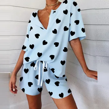

Summer Love heart Cotton Pajamas Set Women Pyjamas Sleepwear Loose Pijama Mujer Home Clothes Night suit