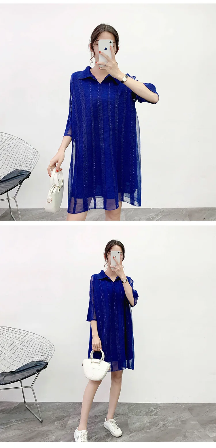 Женское осеннее платье размера плюс, новинка, свободное, эластичное, плиссированное, одноцветное, с отложным воротником, рукав три четверти, платье