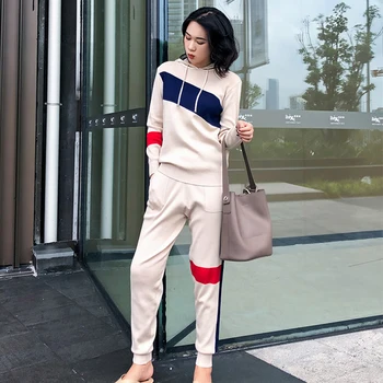 

Paris Girl Autumn Spring Knitted Tracksuit Hooded Sweatshirts Women Suit Clothing 2 Piece Set Knit Pant Female Suit