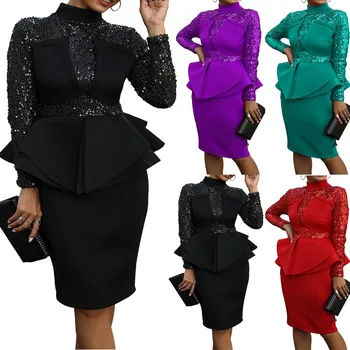 

Fashion Women Solid Color Long Sleeve Sequins Deep Ruffled Flounce Formal Dress Sundress Clothes 2020 Платья Женские