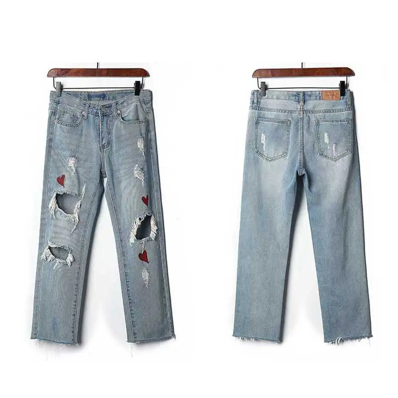 Hole jeans female personality printing foreign air nine pants spring loose thin harem pants tide casual wild woman jeans