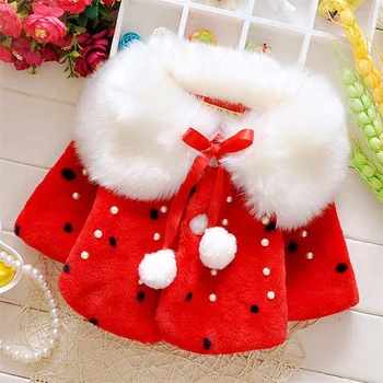 

Lovely Faux Fur Coats for Baby Girls Autumn Winter Black Dot Clothing Child Wool Outwear Little Girl Beadings Shawl Kids Costume