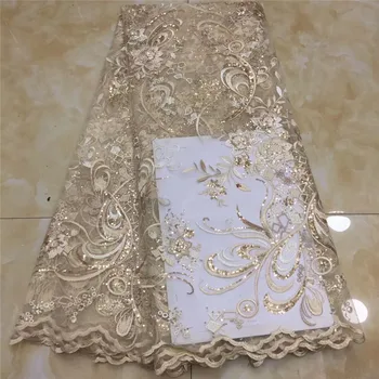 

African Net Lace Fabric, High Quality Elegant GOLD Sequins Nigerian Wedding Lace Fabrics 5Yards Sequins French Tulle lace