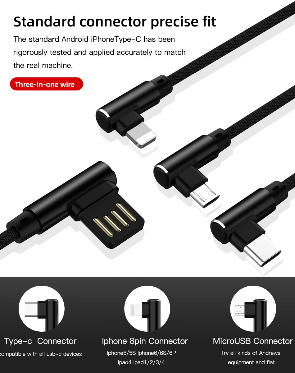 3 in 1 USB Cable For iPhone Samsung Xiaomi Multi Fast Charge Charger Micro USB Cable 2 in 1 Mobile Phone USB Type C 8 Pin Cable