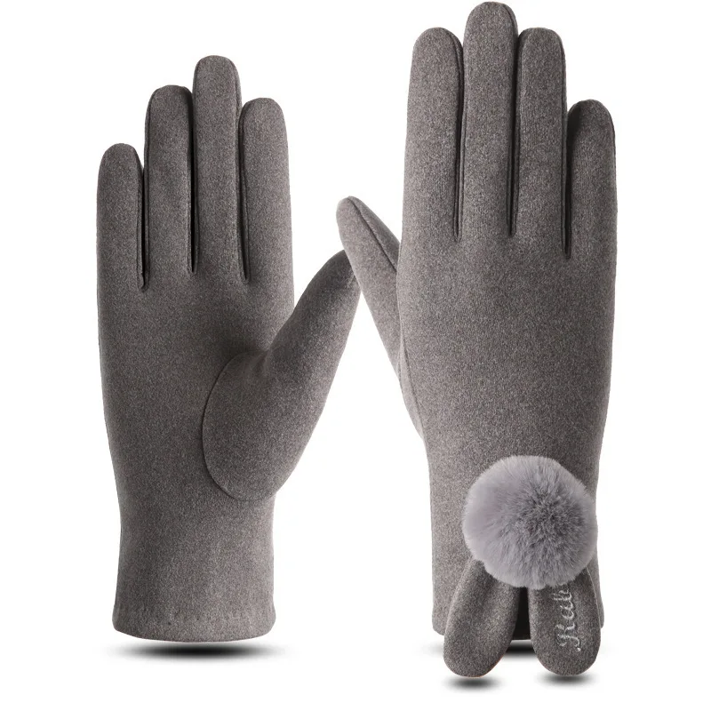 

Gloves Female Winter Plus Velvet Thickened Warm Wool Driving Korean Cute Rex Rabbit Fur Ball Touch Screen Student Cycling Gloves