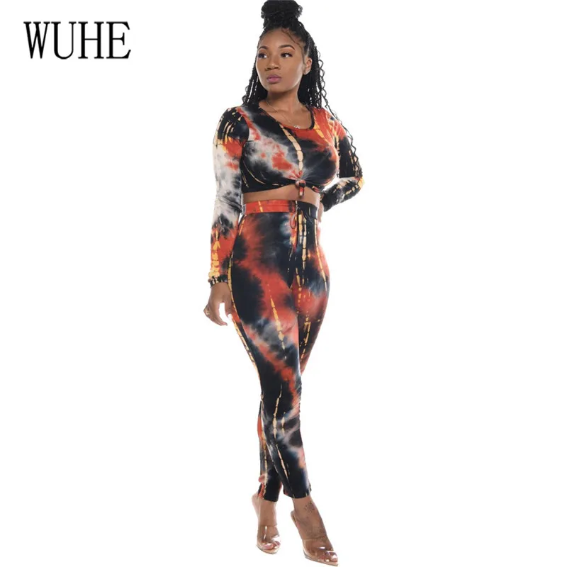 Black Print WUHE/Повседневные яркое спортивные комплекты из двух предметов с длинными рукавами и круглым вырезом в стиле ретро; осенние элегантные облегающие комбинезоны с винтажным принтом - Цвет: Black Print