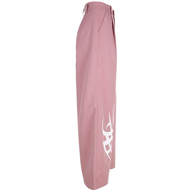 Rockmore/розовые широкие брюки Харадзюку с принтом; женские брюки с высокой талией; Черная уличная одежда большого размера; брюки в Корейском