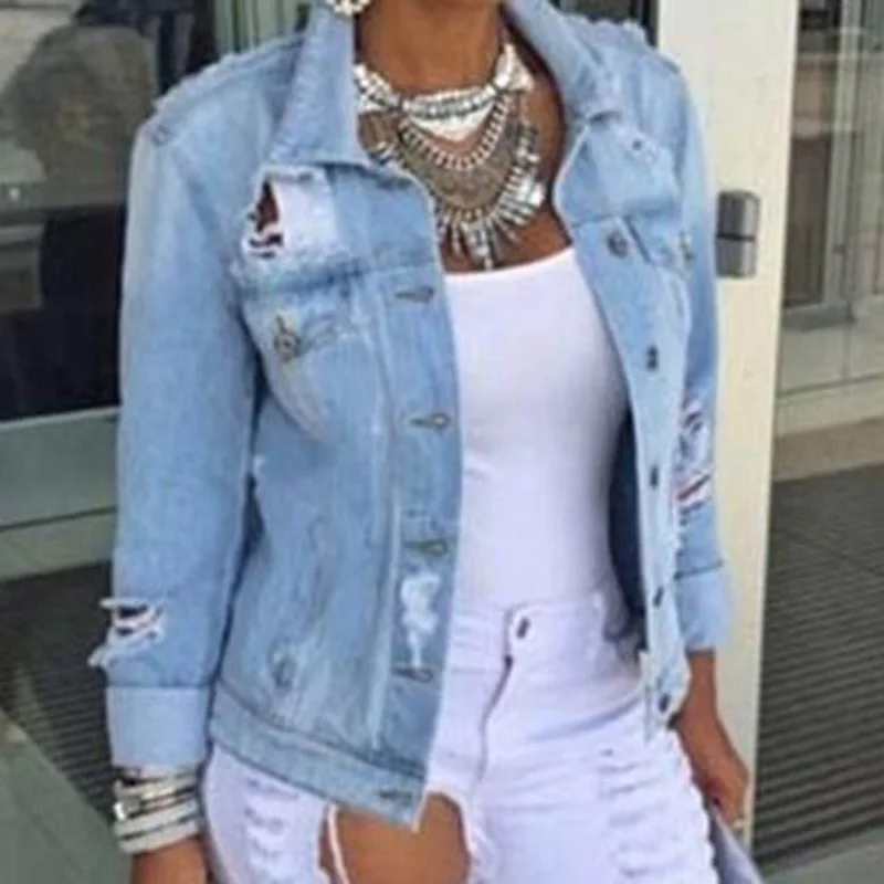 Best Coat Women Autumn Casual Jackets Oversized Boyfriend Style Outwear Ripped Denim Jacket With Hole