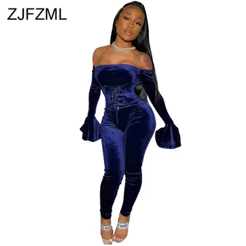 

Solid Velvet Sexy Two Piece Set Track Suit Women Slash Neck Open Back Bodycon Jumpsuits + Lace Up Bandage Belt Autumn Winter Set