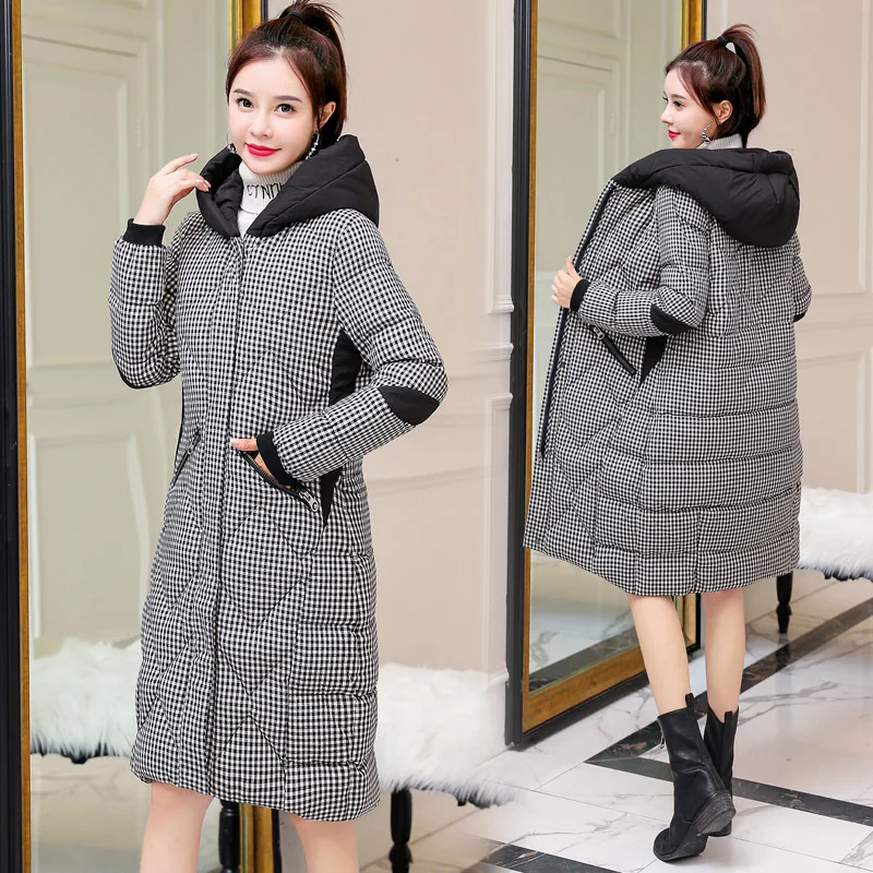 

2019 Winter New Style Thick Loose-Fit Elegant Versatile Mid-length Hooded Plaid Coat Cotton-padded Clothes Women's