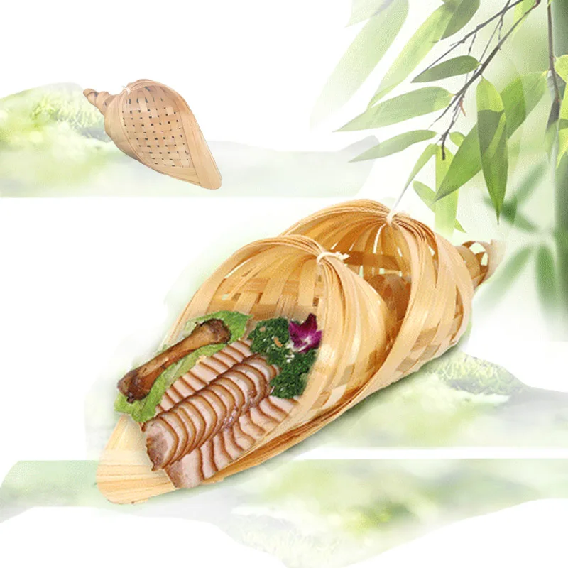 Woven Bamboo Basket Snack Plate Sushi Tray French Fries Handmade Creative Dessert Conch Hotel Tableware Food 2pcs | Дом и сад