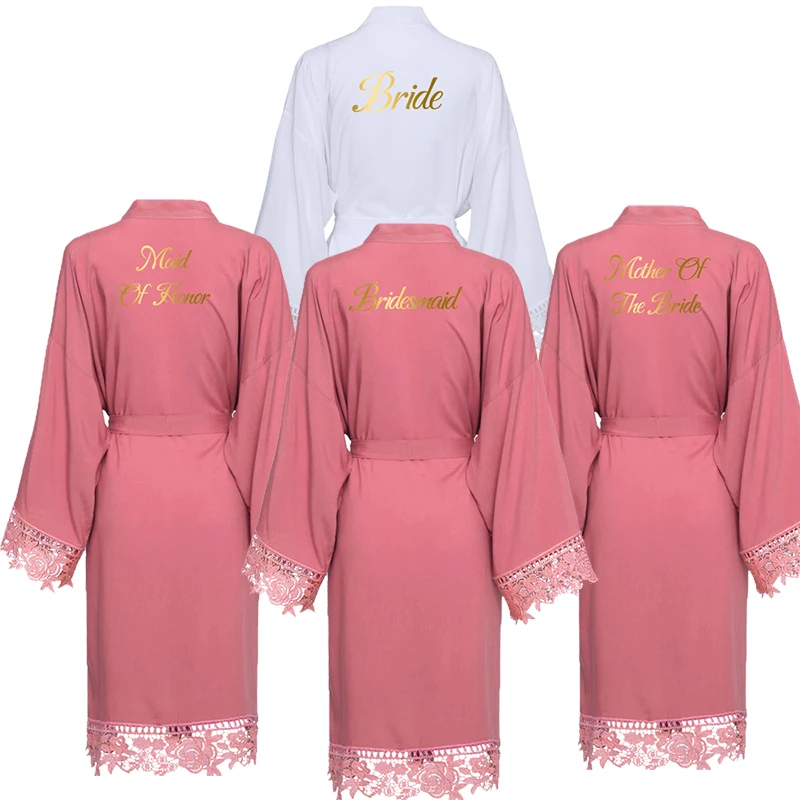 YUXINBRIDAL, новинка, пыльно-розовый однотонный хлопковый Халат-кимоно с кружевной отделкой, женский свадебный халат, халат, одежда для сна белого цвета