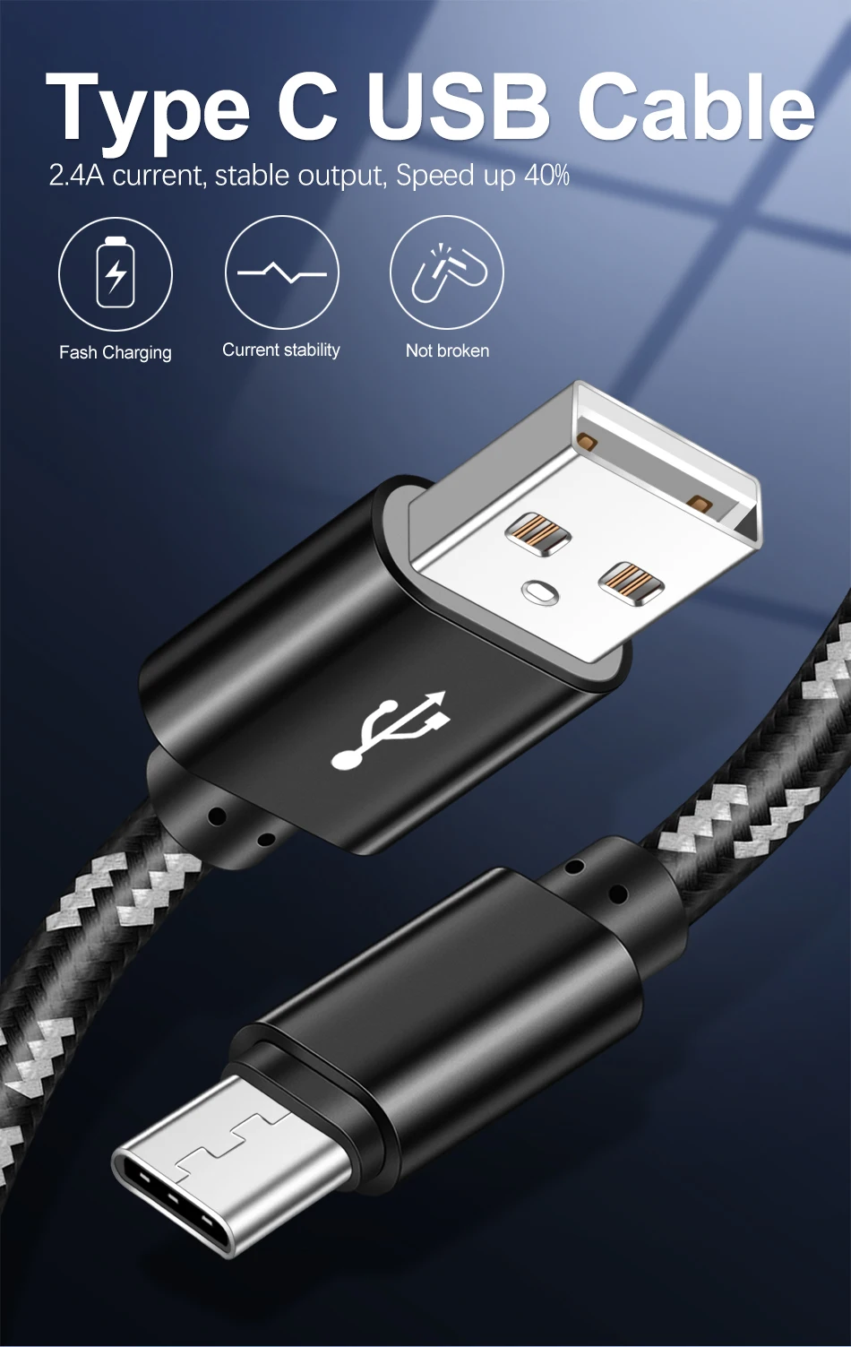Кабель usb type-C с нейлоновой оплеткой 1 м для быстрой зарядки и синхронизации данных для xiaomi mi9 samsung Galaxy S10 huawei USB кабель для мобильного телефона type C